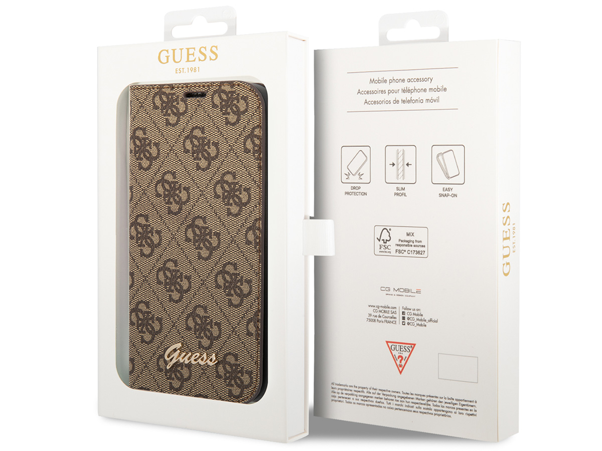 Guess 4G Monogram BookCase Bruin - iPhone 14 hoesje