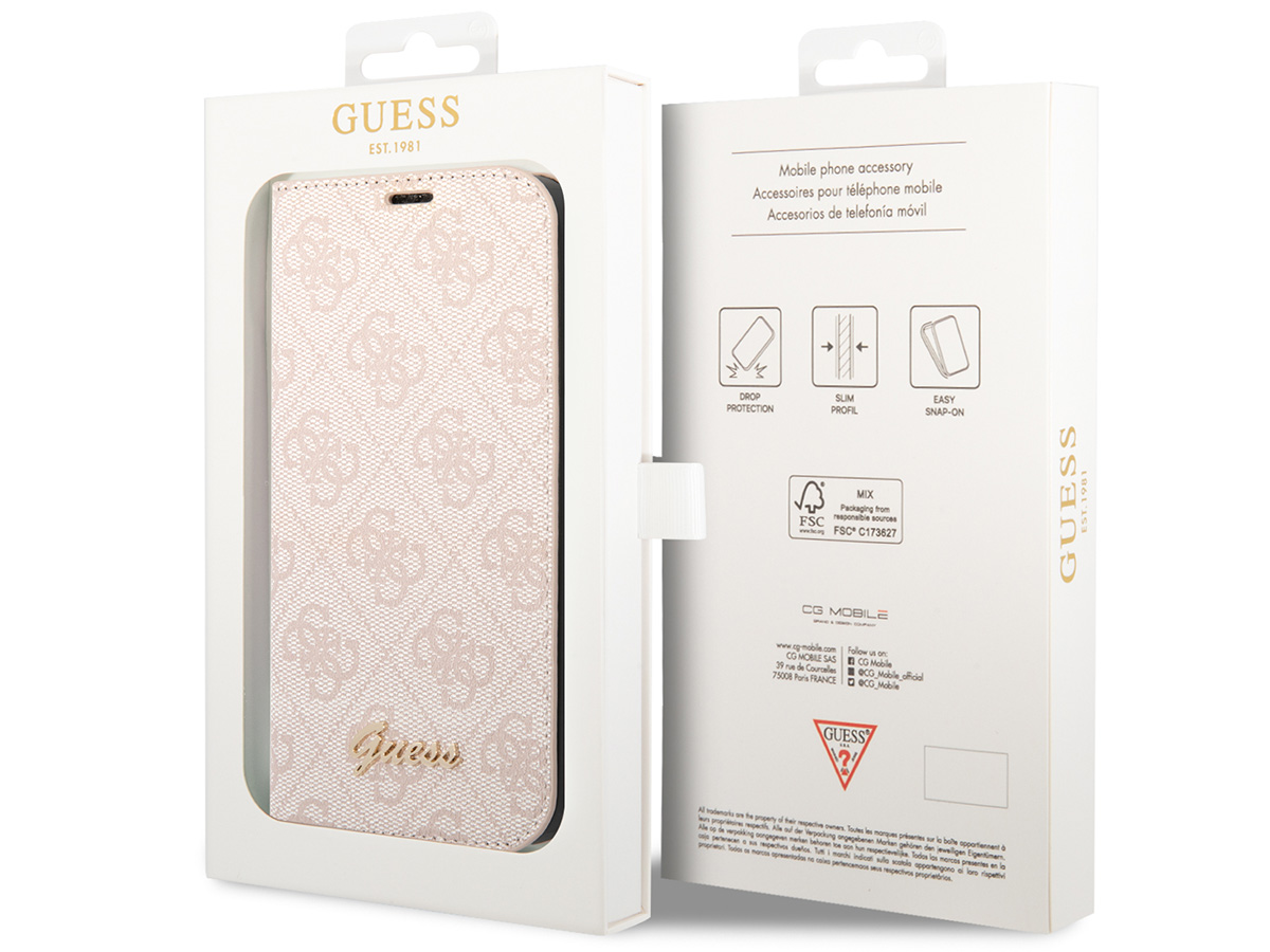 Guess 4G Monogram BookCase Roze - iPhone 14 hoesje