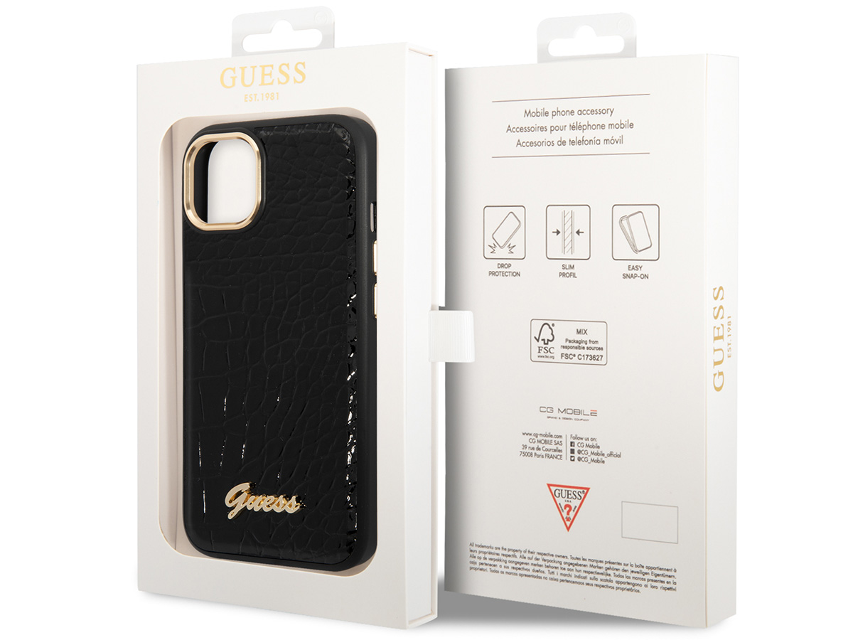 Guess Glossy Croco Case Zwart - iPhone 14 hoesje