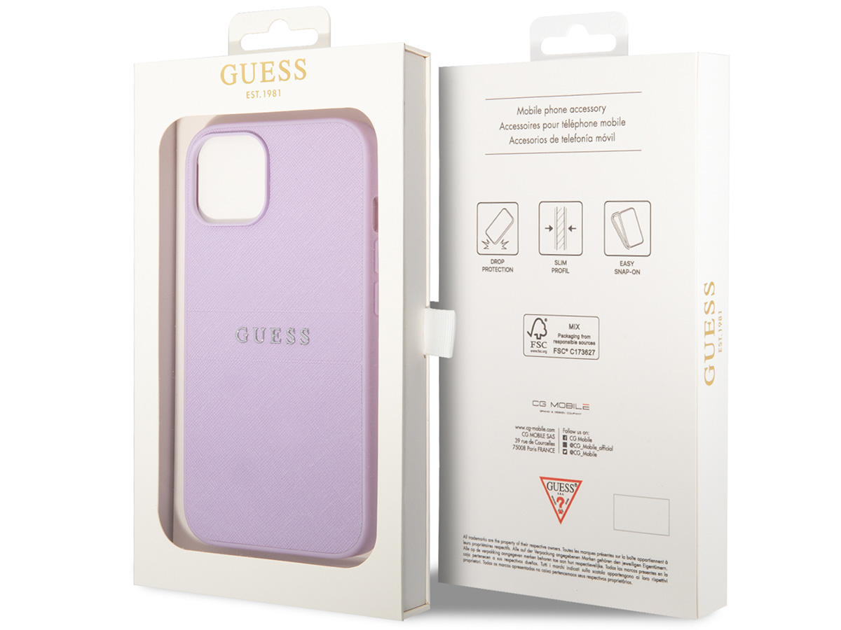 Guess Saffiano Strap Case Paars - iPhone 14 Plus/15 Plus hoesje