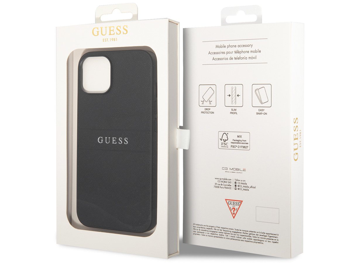 Guess Saffiano Strap Case Zwart - iPhone 14 Plus/15 Plus hoesje