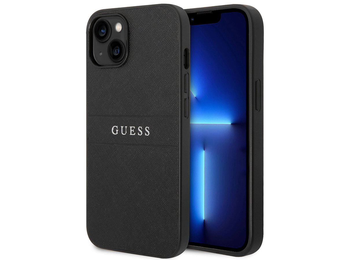 Guess Saffiano Strap Case Zwart - iPhone 14 Plus/15 Plus hoesje