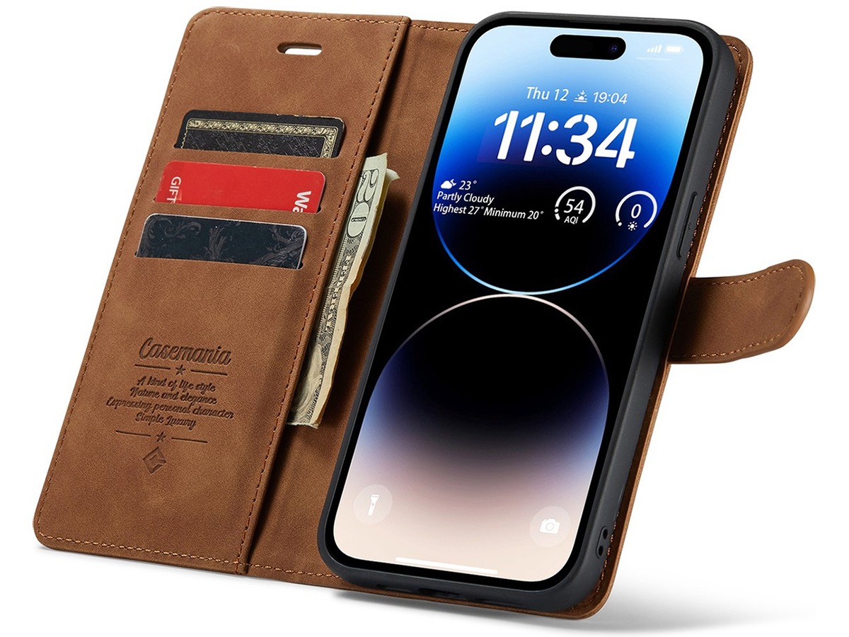 CaseMania 2in1 Magnetic Bookcase Cognac - iPhone 14 Pro Hoesje