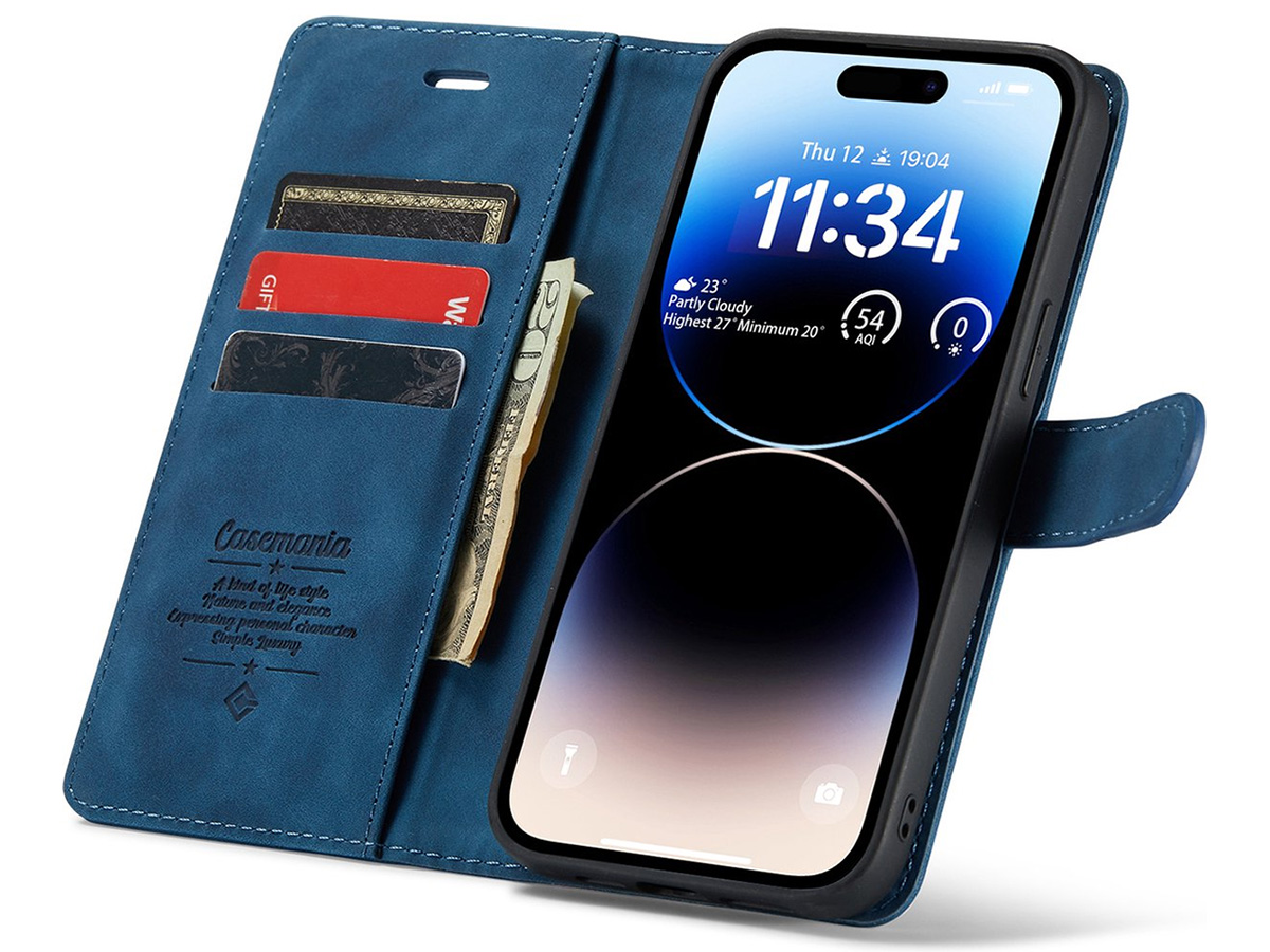 CaseMania 2in1 Magnetic Bookcase Donkerblauw - iPhone 14 Pro Hoesje