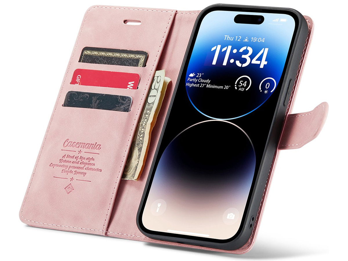 CaseMania 2in1 Magnetic Bookcase Roze - iPhone 14 Pro Hoesje