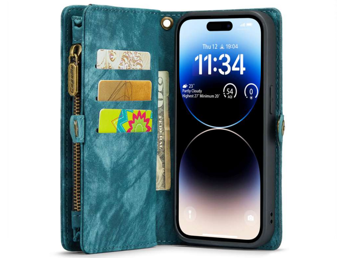 CaseMe 2in1 Wallet Case met Ritsvak Blauw - iPhone 14 Pro Hoesje