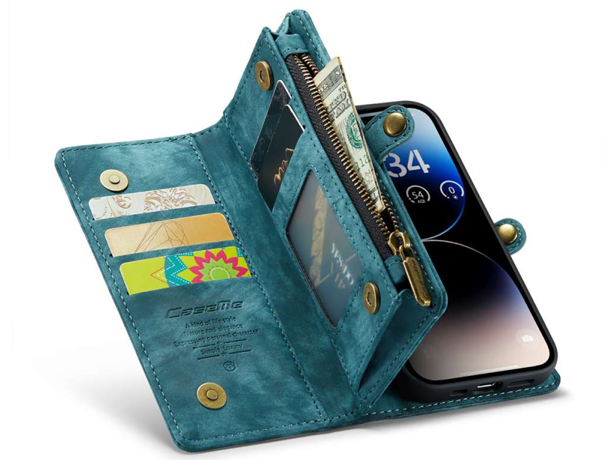 CaseMe 2in1 Wallet Case met Ritsvak Blauw - iPhone 14 Pro Hoesje