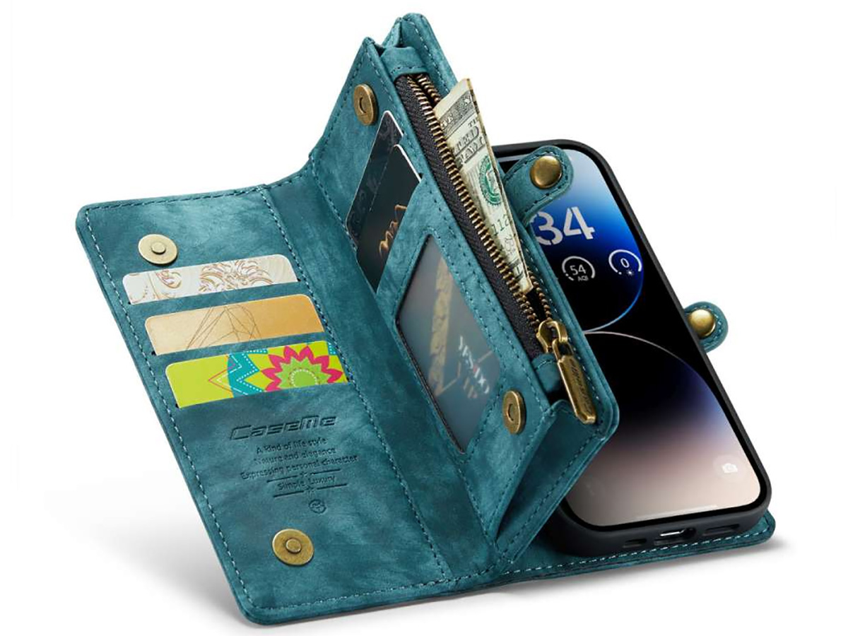 CaseMe 2in1 Wallet Case met Ritsvak Blauw - iPhone 14 Pro Hoesje