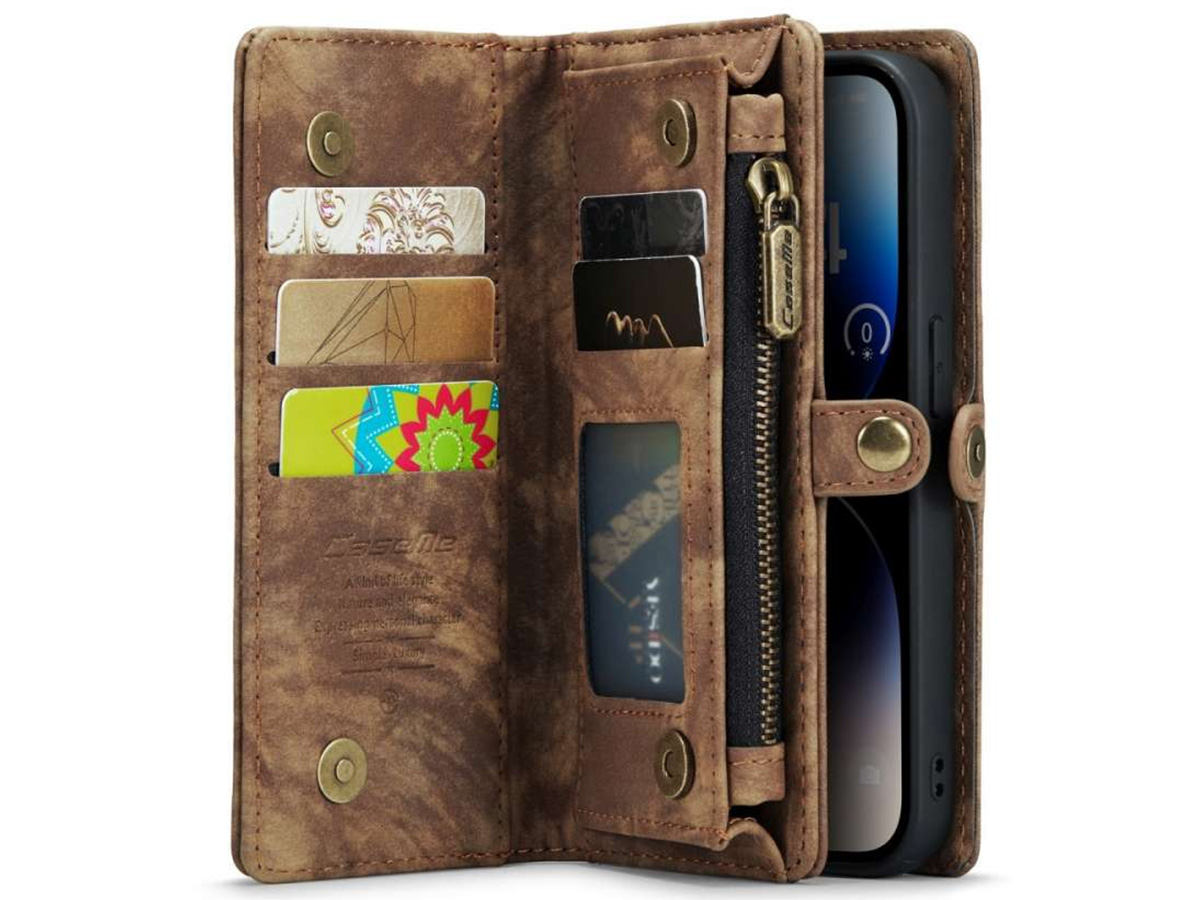 CaseMe 2in1 Wallet Case met Ritsvak Bruin - iPhone 14 Pro Hoesje