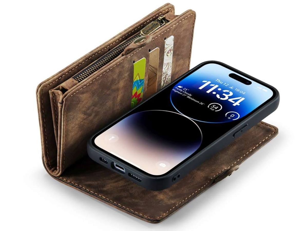 CaseMe 2in1 Wallet Case met Ritsvak Bruin - iPhone 14 Pro Hoesje