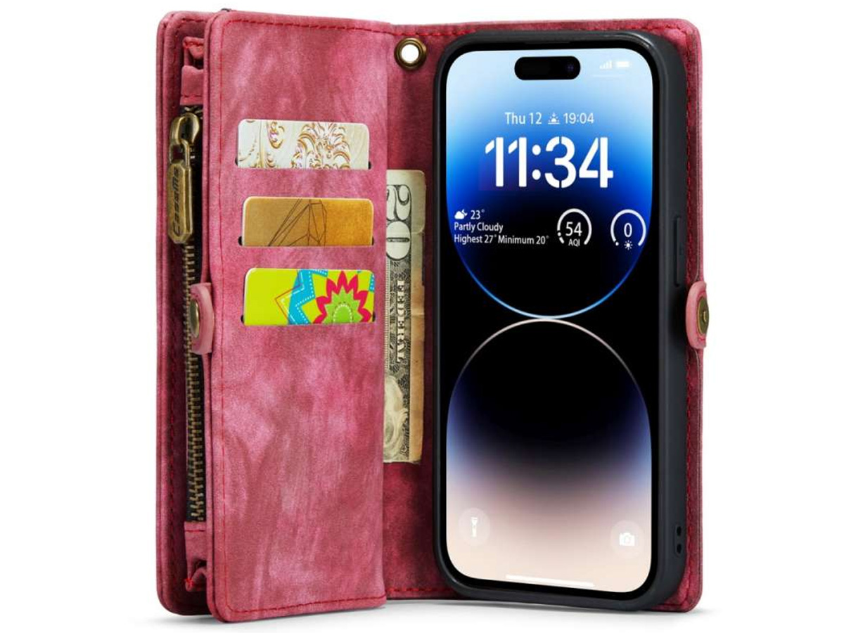 CaseMe 2in1 Wallet Case met Ritsvak Rood - iPhone 14 Pro Hoesje