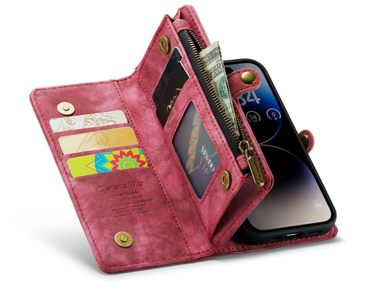CaseMe 2in1 Wallet Case met Ritsvak Rood - iPhone 14 Pro Hoesje