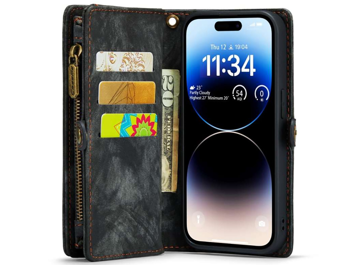 CaseMe 2in1 Wallet Case met Ritsvak Zwart - iPhone 14 Pro Hoesje