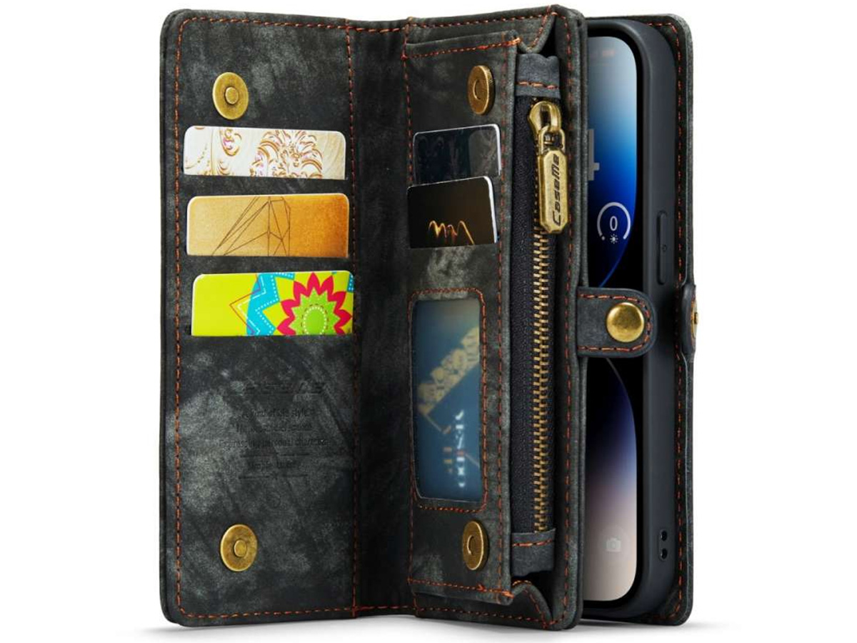 CaseMe 2in1 Wallet Case met Ritsvak Zwart - iPhone 14 Pro Hoesje