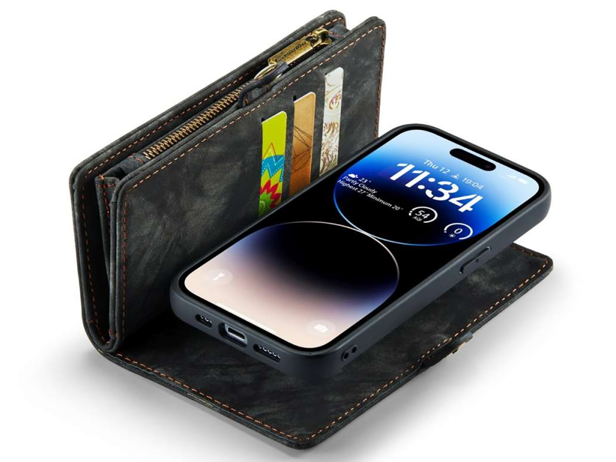 CaseMe 2in1 Wallet Case met Ritsvak Zwart - iPhone 14 Pro Hoesje