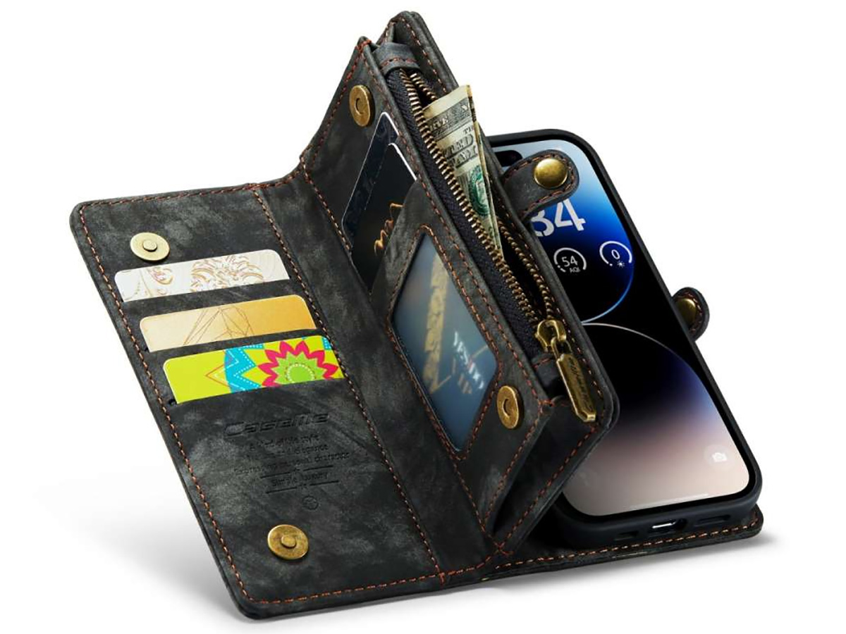 CaseMe 2in1 Wallet Case met Ritsvak Zwart - iPhone 14 Pro Hoesje