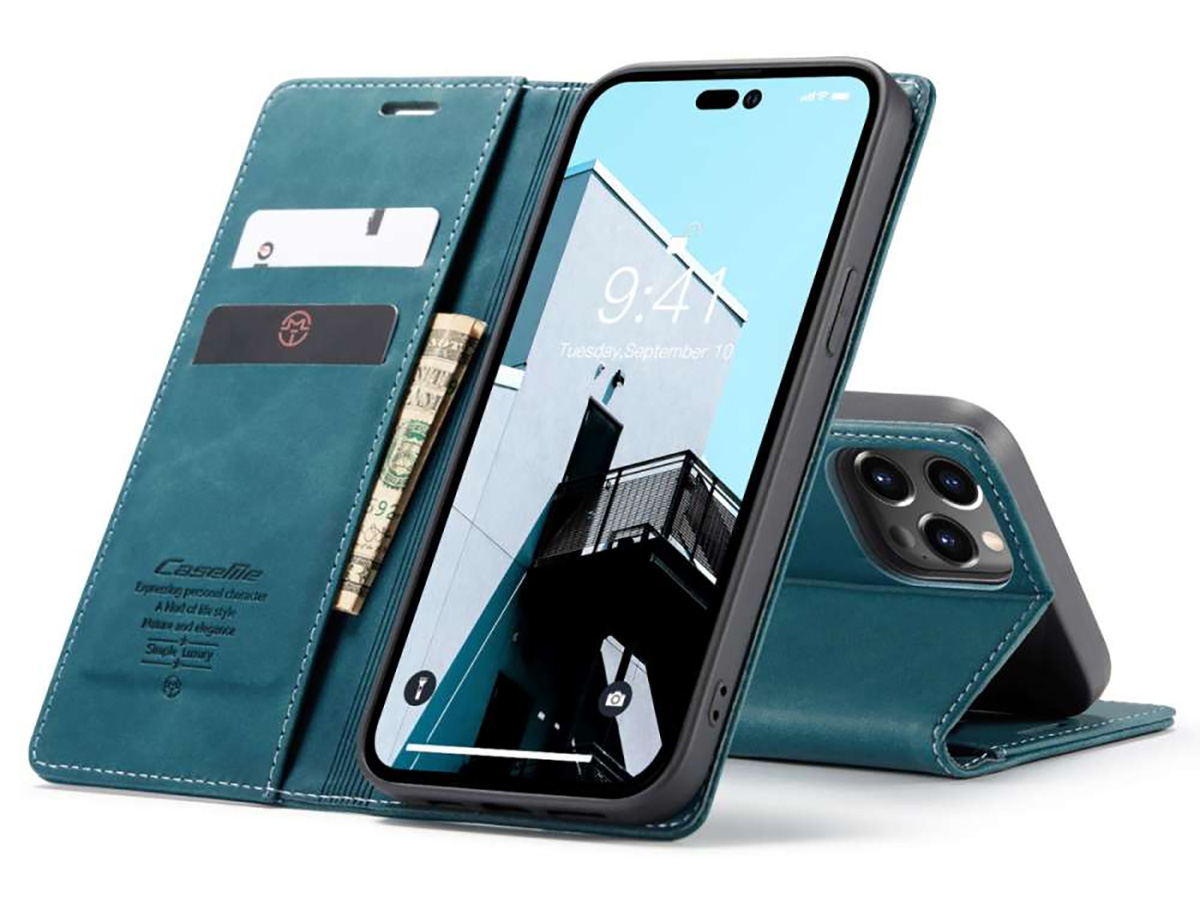 CaseMania Vintage Slim Bookcase Blauw - iPhone 14 Pro hoesje