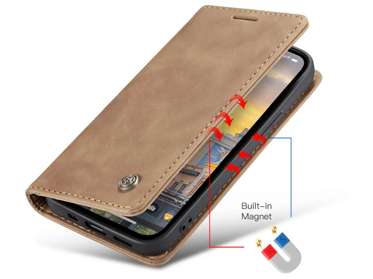 CaseMania Vintage Slim Bookcase Tan Bruin - iPhone 14 Pro hoesje