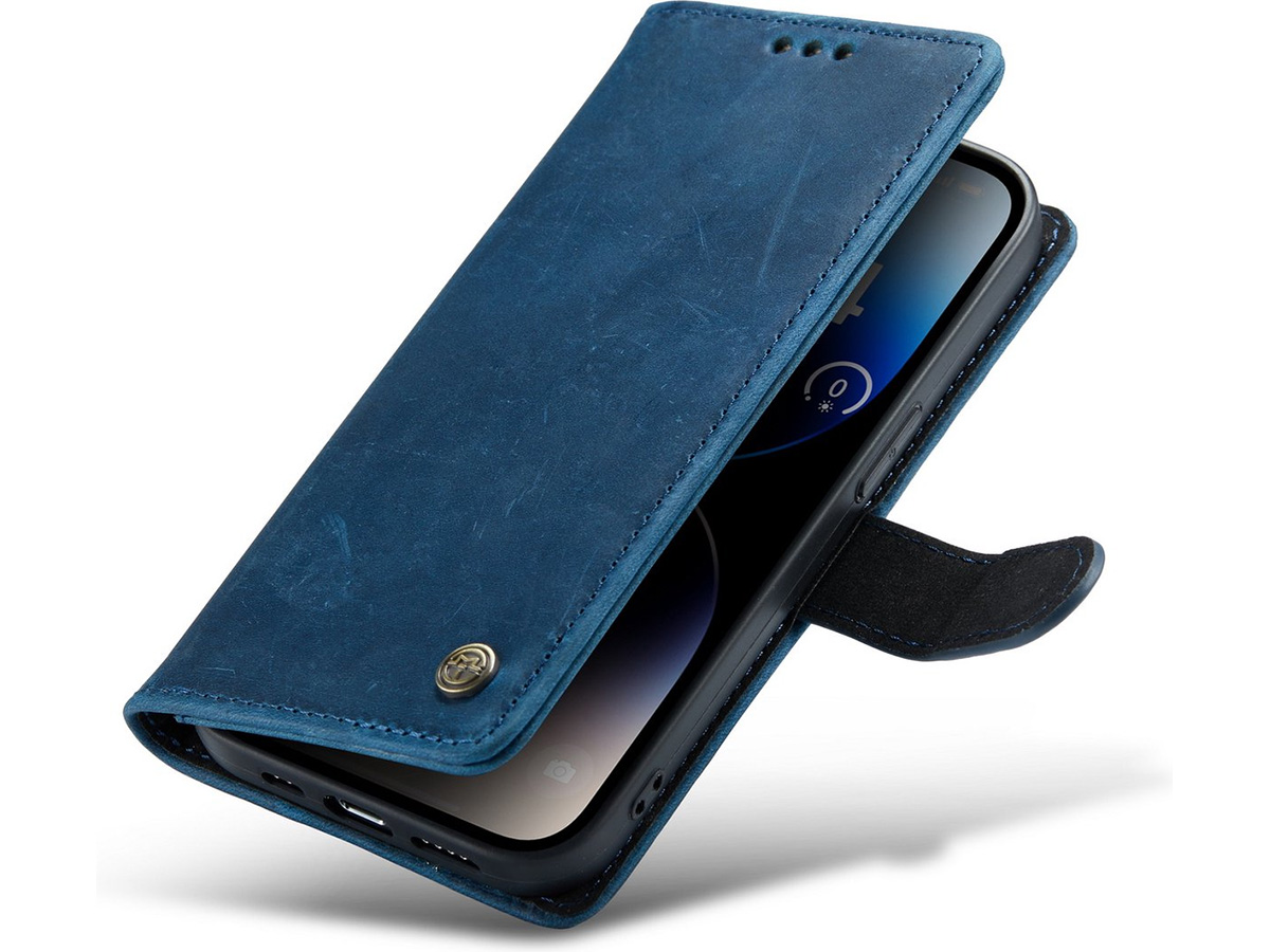 CaseMe Vintage Leather Case Blauw - iPhone 14 Pro hoesje