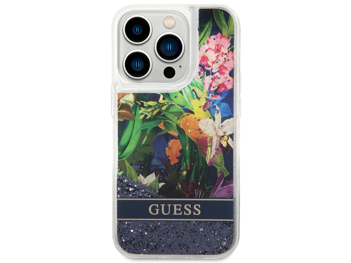 Guess Floral Liquid Glitter Case Blauw - iPhone 14 Pro hoesje