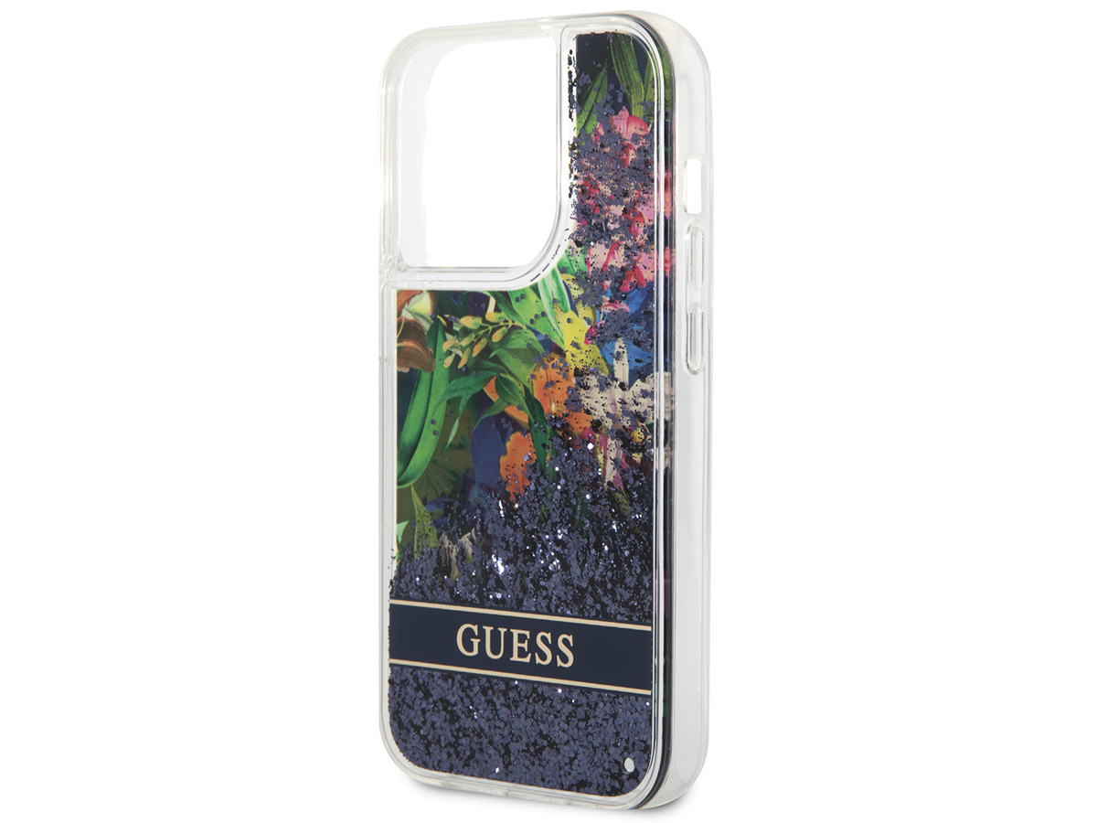 Guess Floral Liquid Glitter Case Blauw - iPhone 14 Pro hoesje