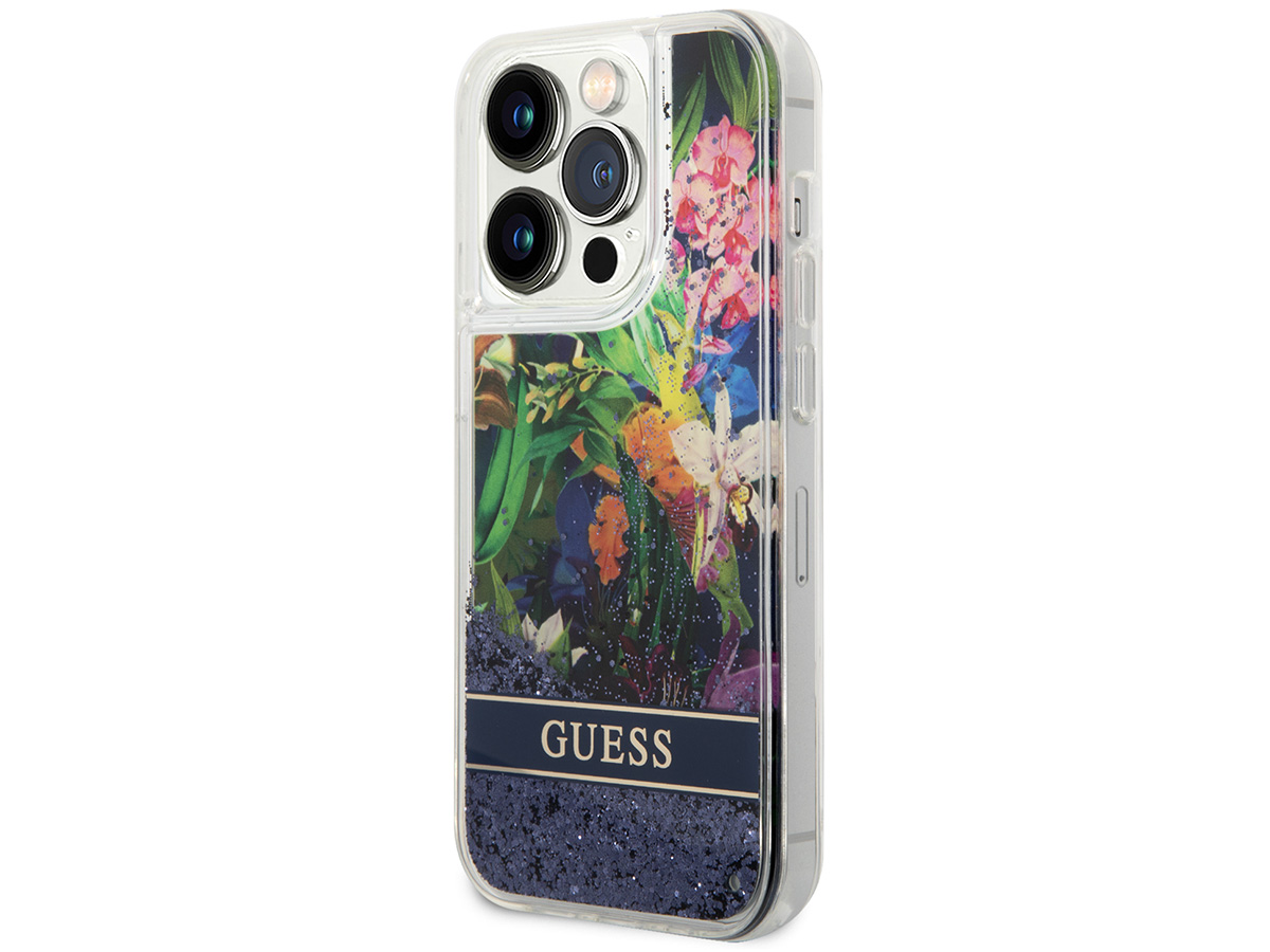 Guess Floral Liquid Glitter Case Blauw - iPhone 14 Pro hoesje