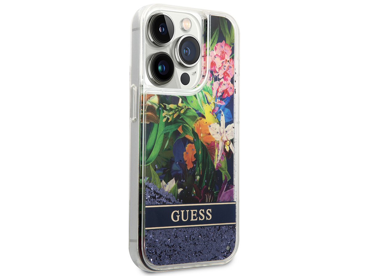 Guess Floral Liquid Glitter Case Blauw - iPhone 14 Pro hoesje