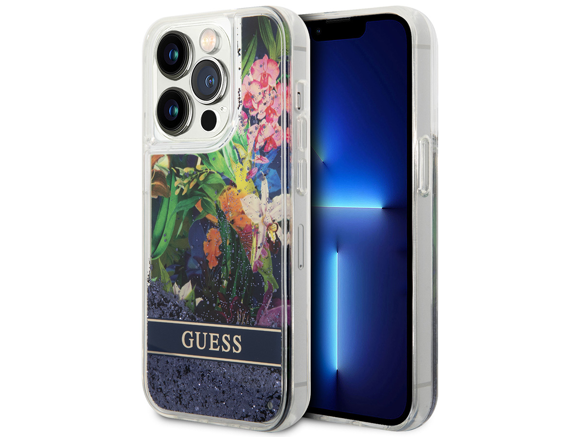 Guess Floral Liquid Glitter Case Blauw - iPhone 14 Pro hoesje