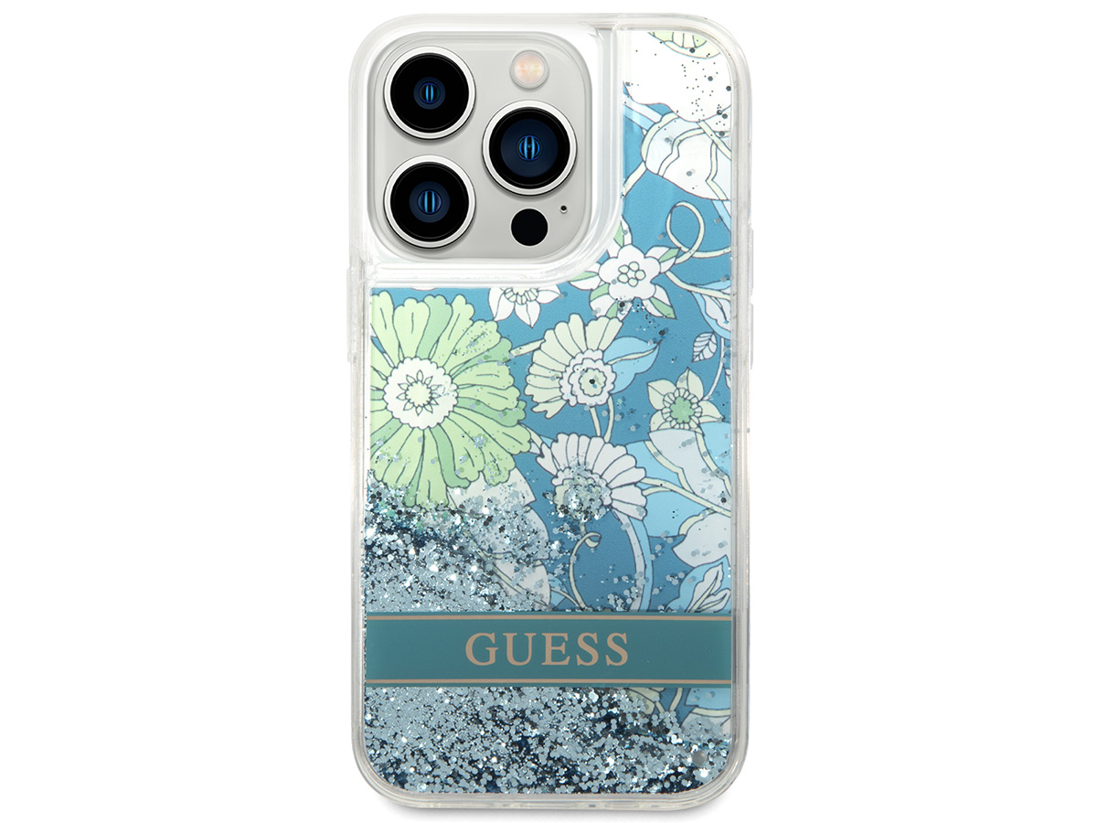 Guess Floral Liquid Glitter Case Groen - iPhone 14 Pro hoesje