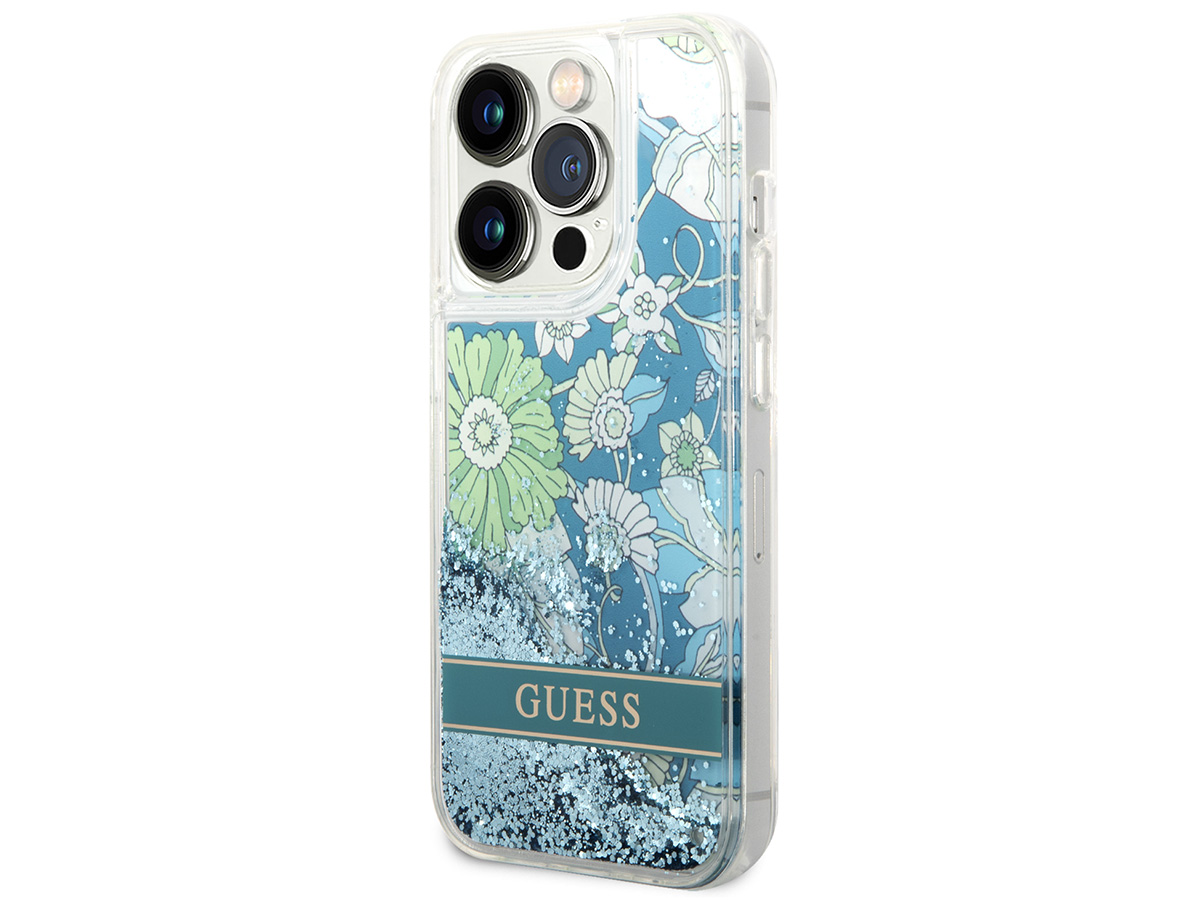 Guess Floral Liquid Glitter Case Groen - iPhone 14 Pro hoesje