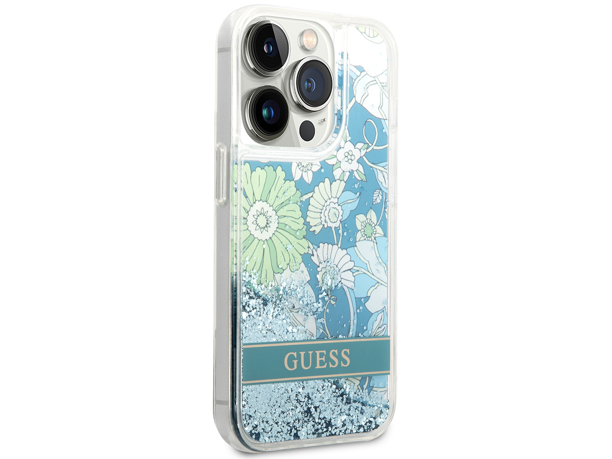 Guess Floral Liquid Glitter Case Groen - iPhone 14 Pro hoesje