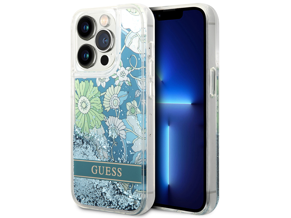 Guess Floral Liquid Glitter Case Groen - iPhone 14 Pro hoesje