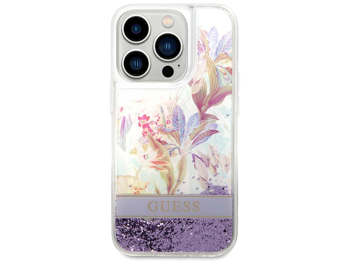 Guess Floral Liquid Glitter Case Paars - iPhone 14 Pro hoesje
