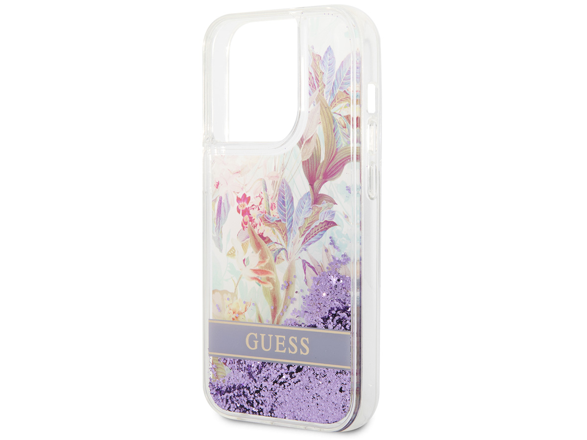 Guess Floral Liquid Glitter Case Paars - iPhone 14 Pro hoesje