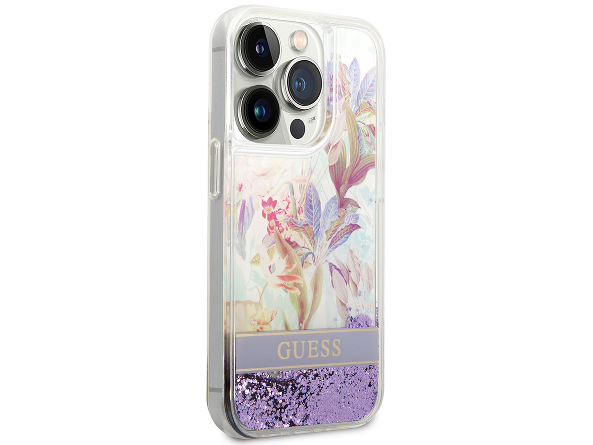 Guess Floral Liquid Glitter Case Paars - iPhone 14 Pro hoesje