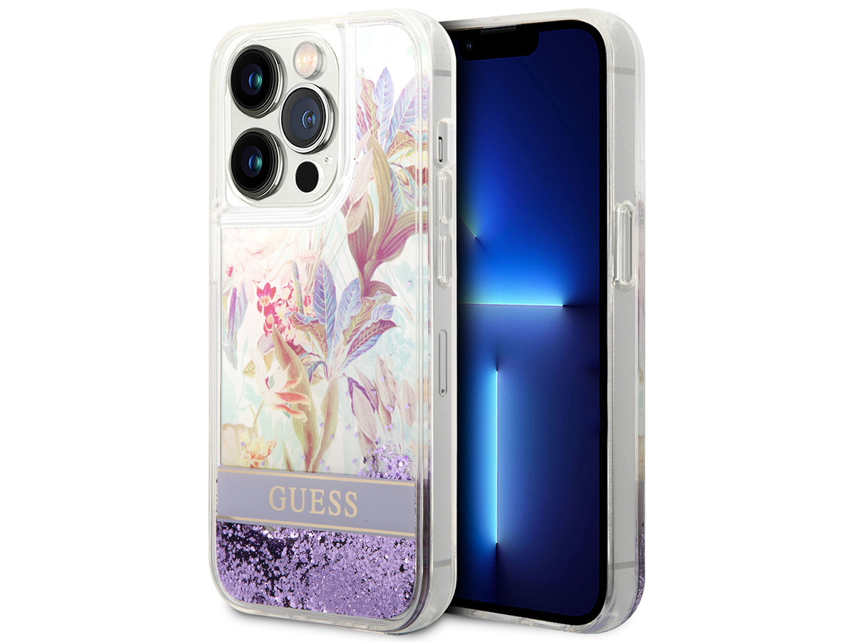 Guess Floral Liquid Glitter Case Paars - iPhone 14 Pro hoesje