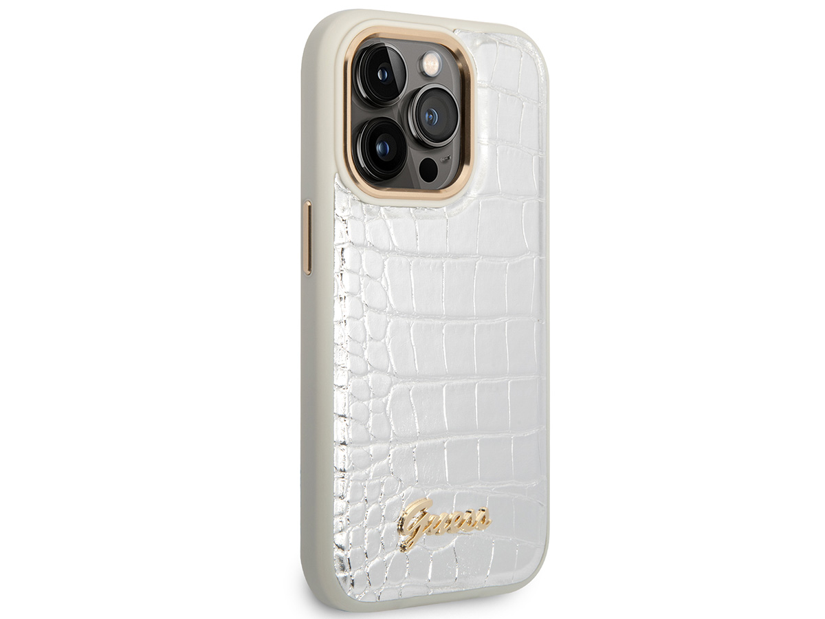 Guess Glossy Croco Case Zilver iPhone 14 Pro hoesje