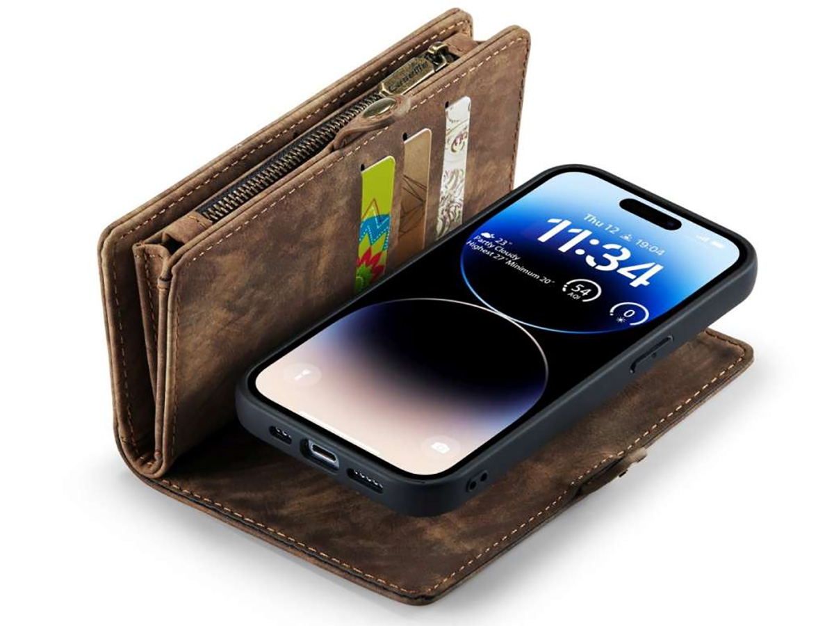 CaseMe 2in1 Wallet Case met Ritsvak Bruin - iPhone 14 Pro Max Hoesje