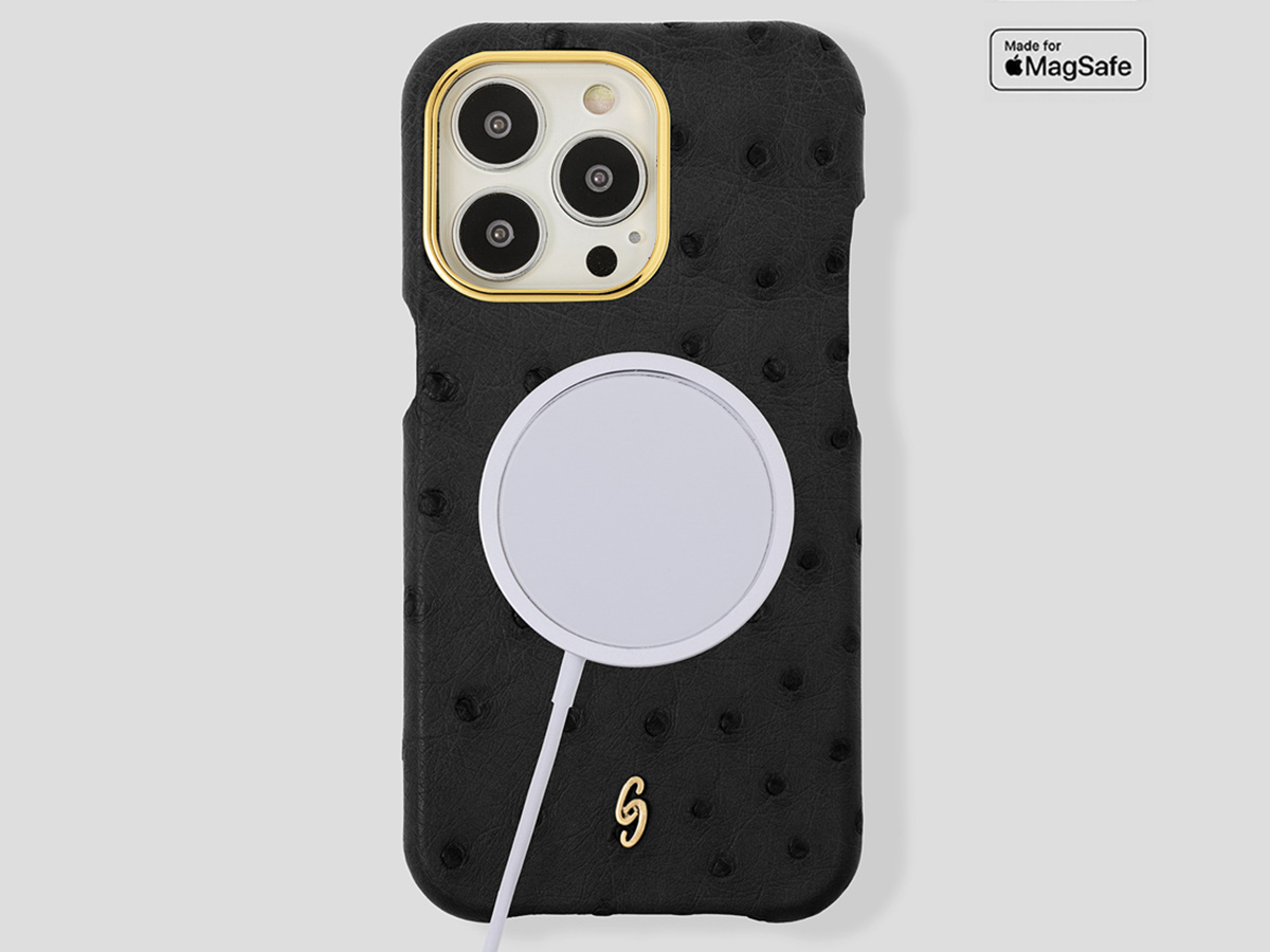 Gatti Classica Ostrich Case iPhone 14 Pro Max hoesje - Black Matt/Gold