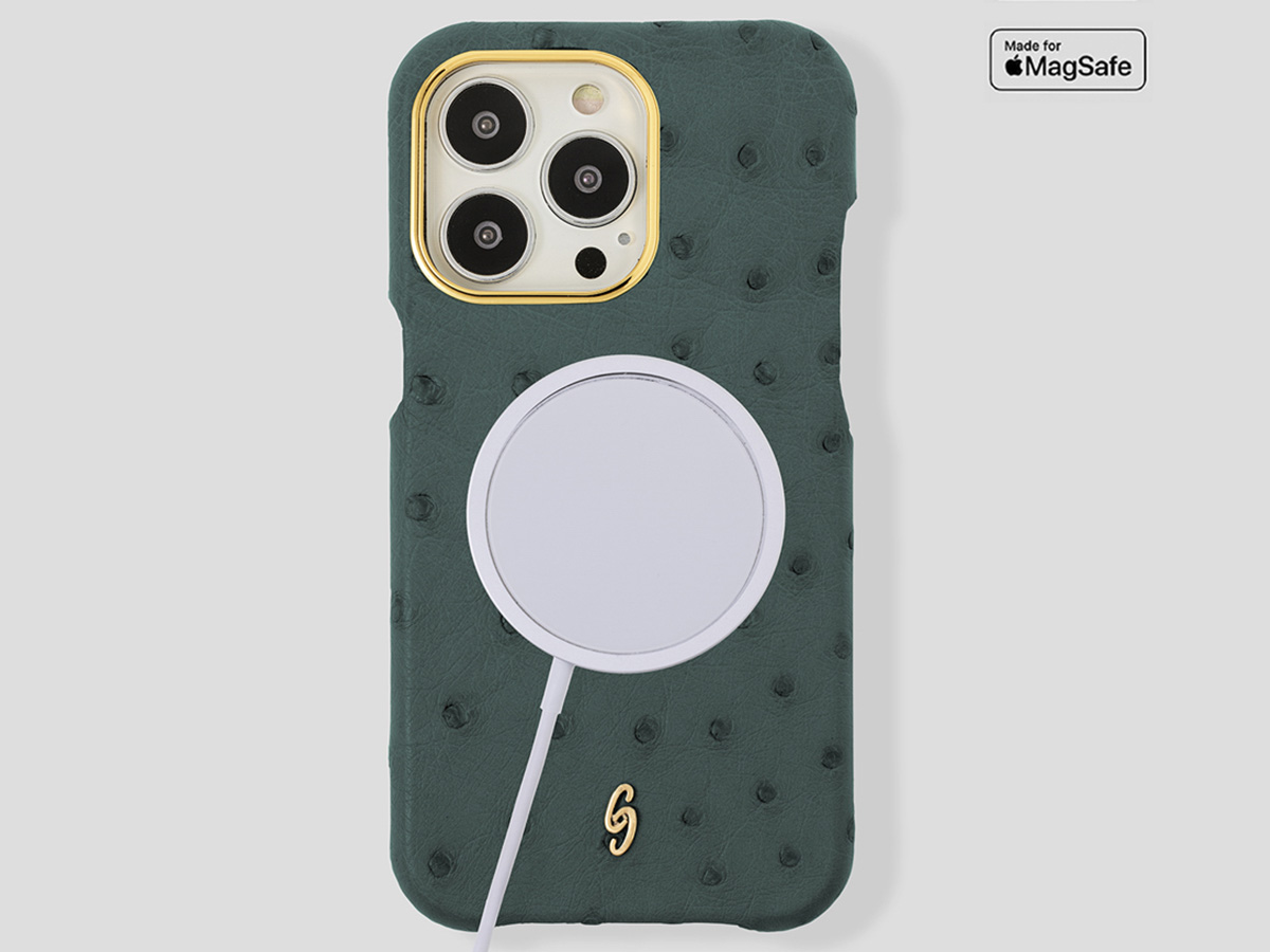 Gatti Classica Ostrich Case iPhone 14 Pro Max hoesje - Dark Green Matt/Gold