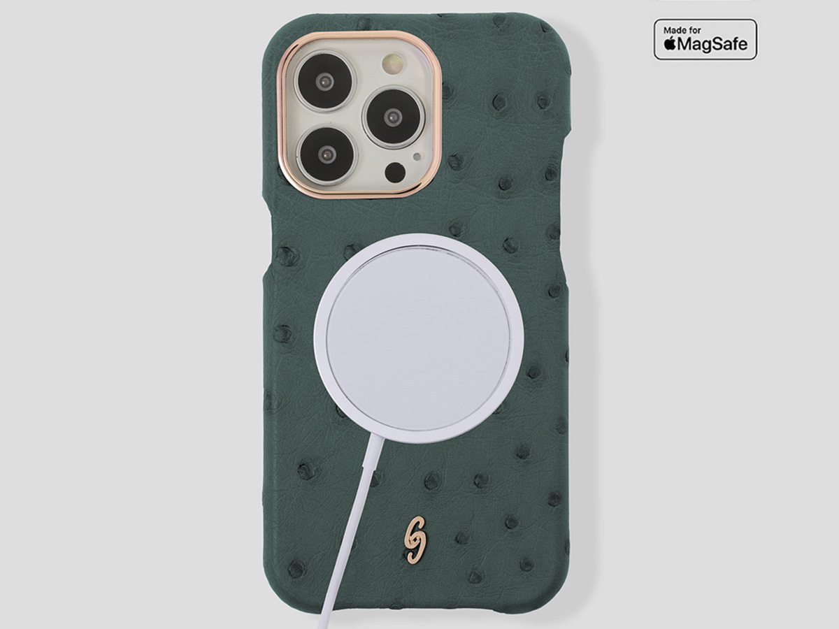 Gatti Classica Ostrich Case iPhone 14 Pro Max hoesje - Dark Green Matt/Rose Gold