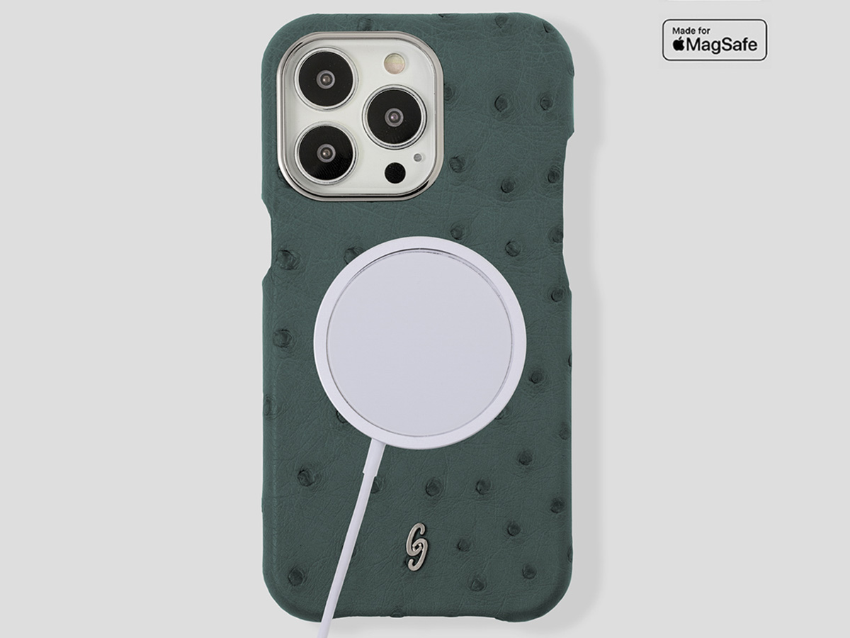 Gatti Classica Ostrich Case iPhone 14 Pro Max hoesje - Dark Green Matt/Steel