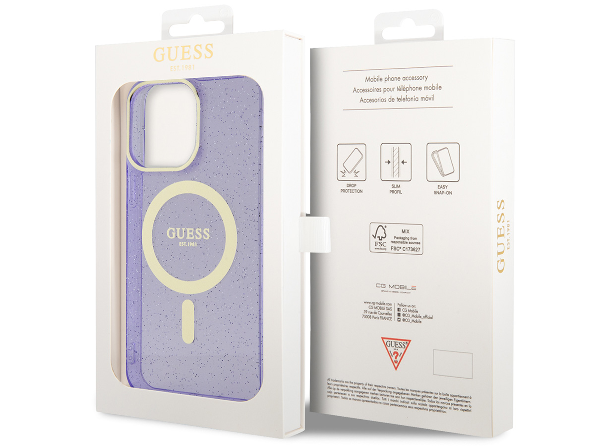 Guess Glitter MagSafe TPU Case Paars - iPhone 14 Pro Max hoesje