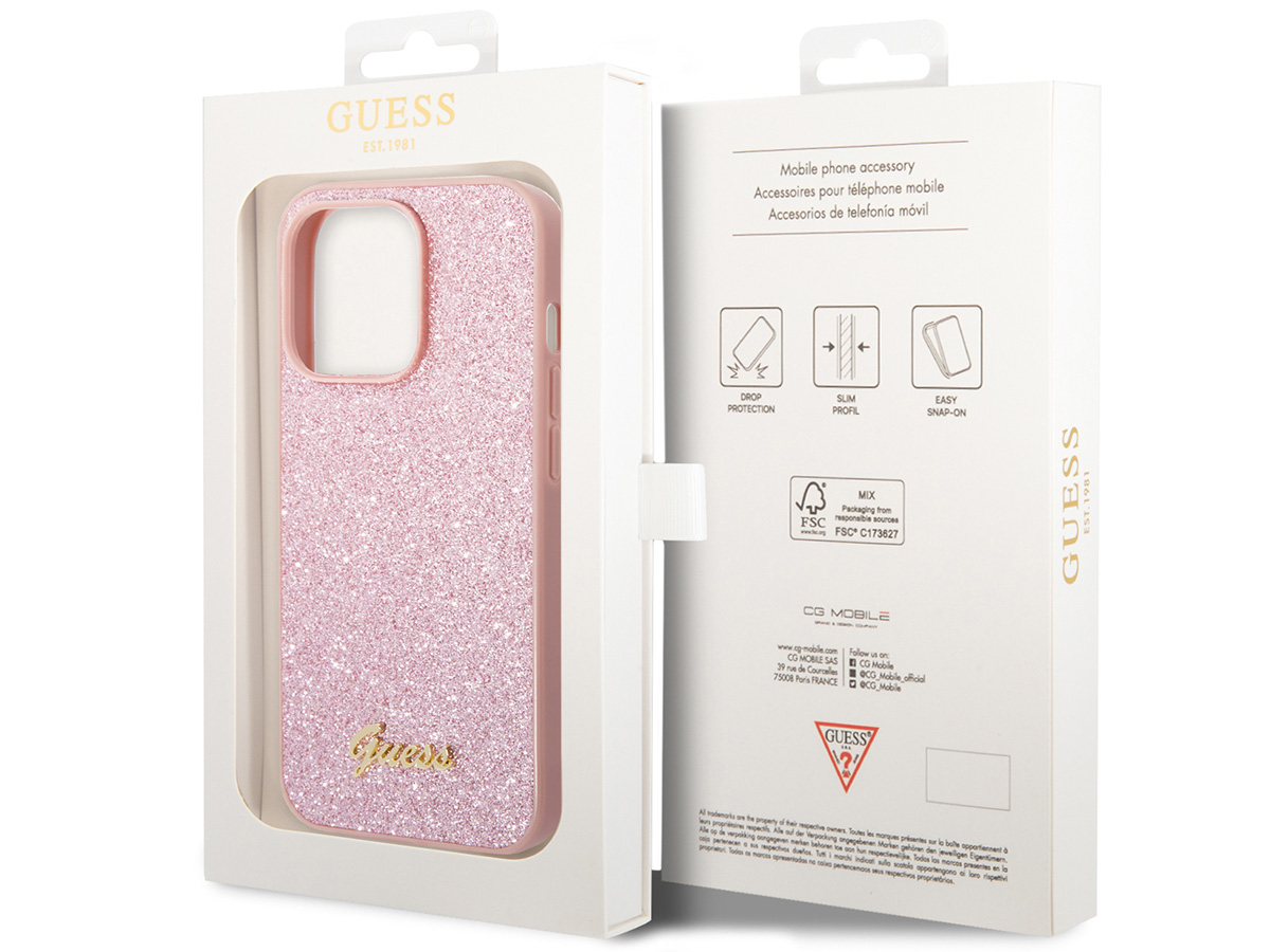 Guess Glitter TPU Case Roze - iPhone 14 Pro Max hoesje