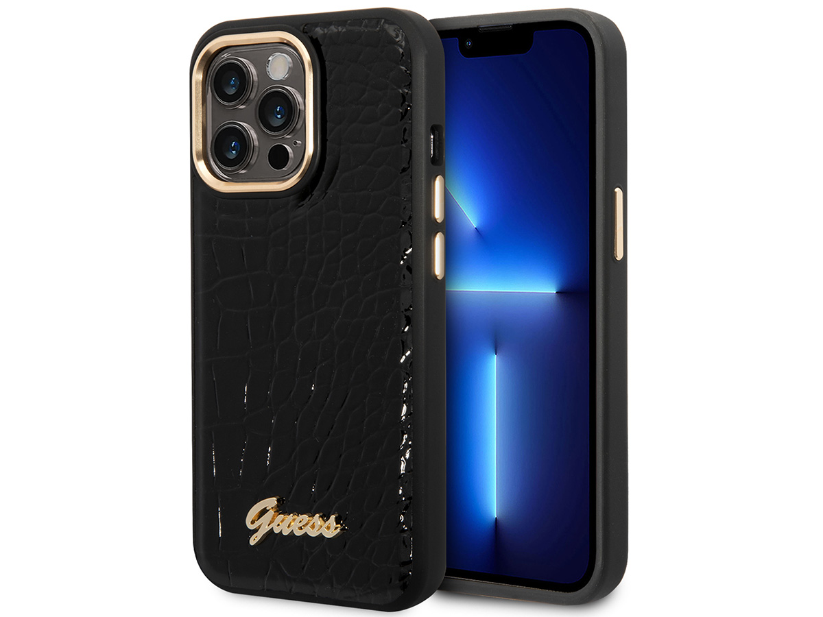 Guess Glossy Croco Case Zwart - iPhone 14 Pro Max hoesje