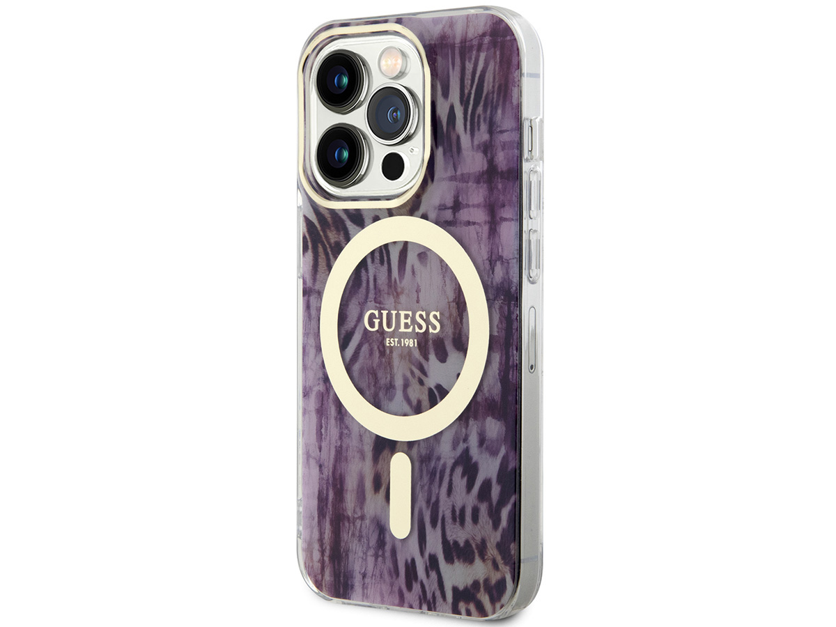 Guess Leopard MagSafe TPU Case Paars - iPhone 14 Pro Max hoesje