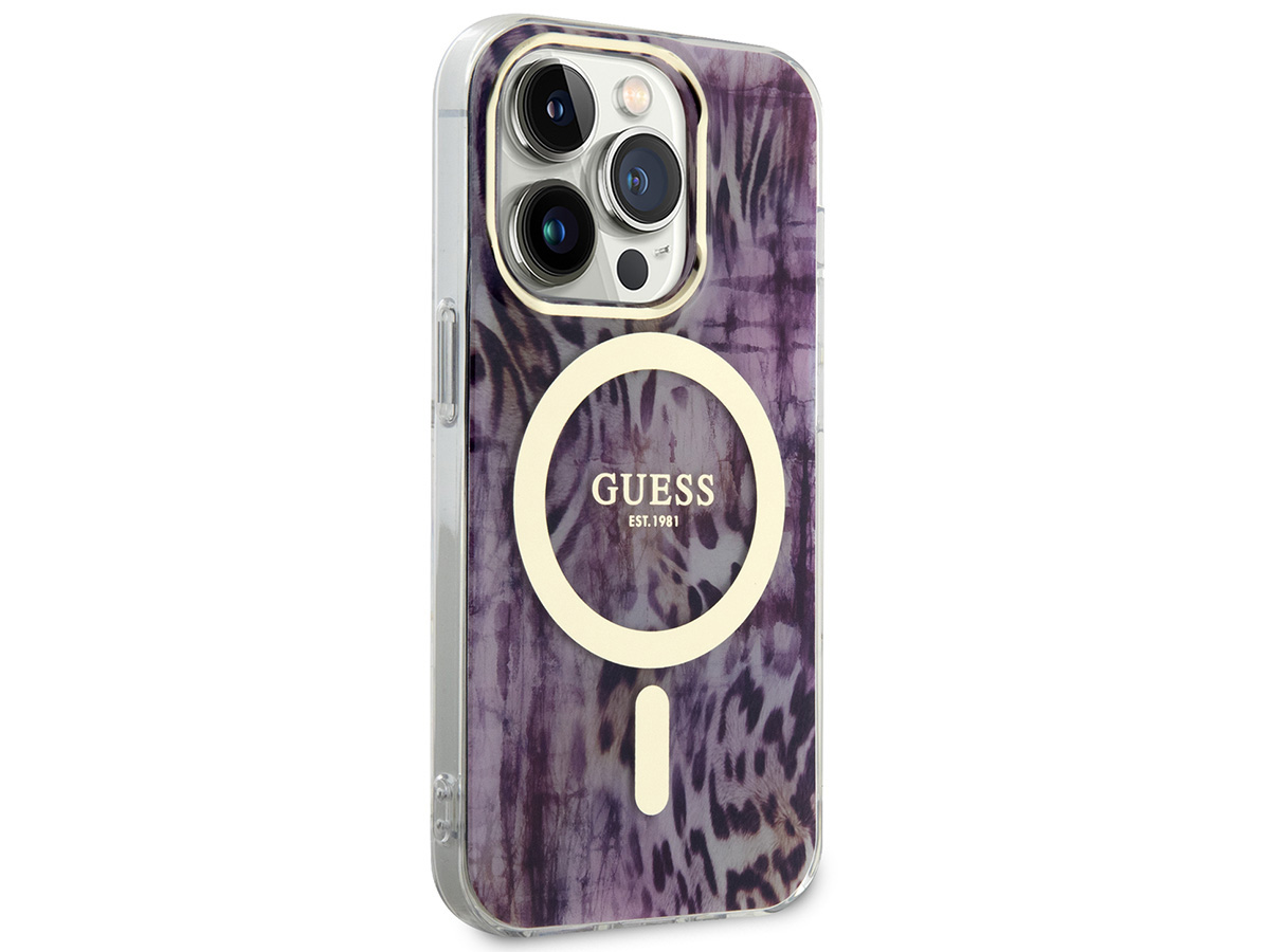 Guess Leopard MagSafe TPU Case Paars - iPhone 14 Pro Max hoesje