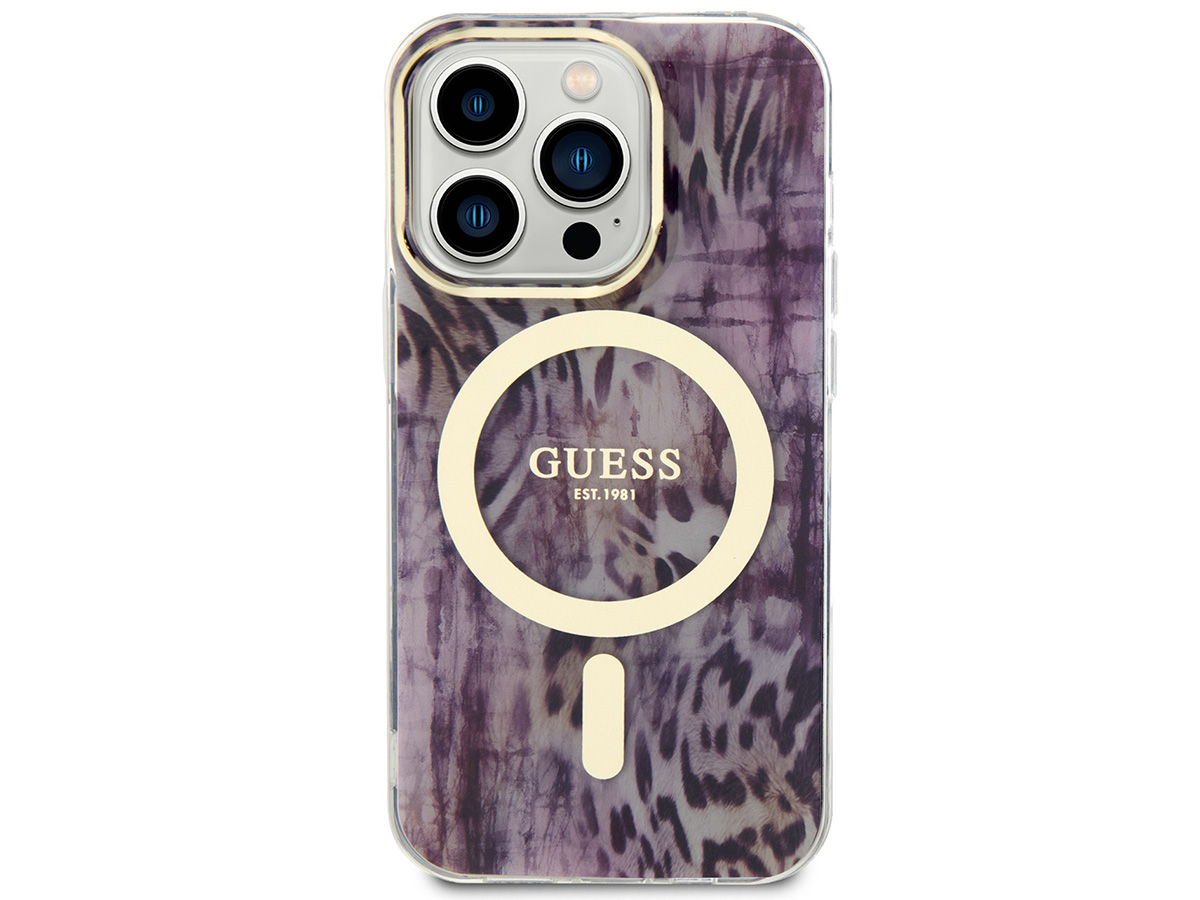 Guess Leopard MagSafe TPU Case Paars - iPhone 14 Pro Max hoesje