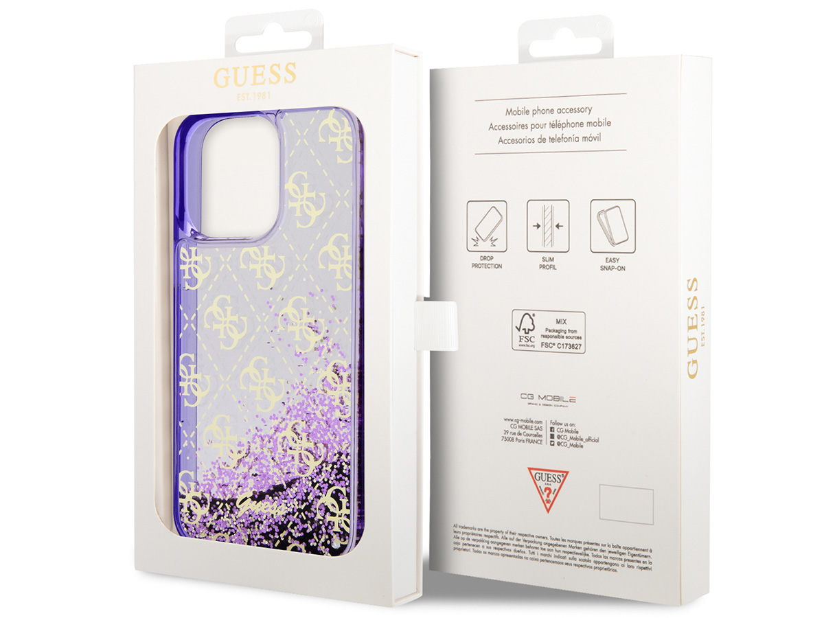 Guess Monogram Liquid Glitter Case Paars - iPhone 14 Pro Max hoesje