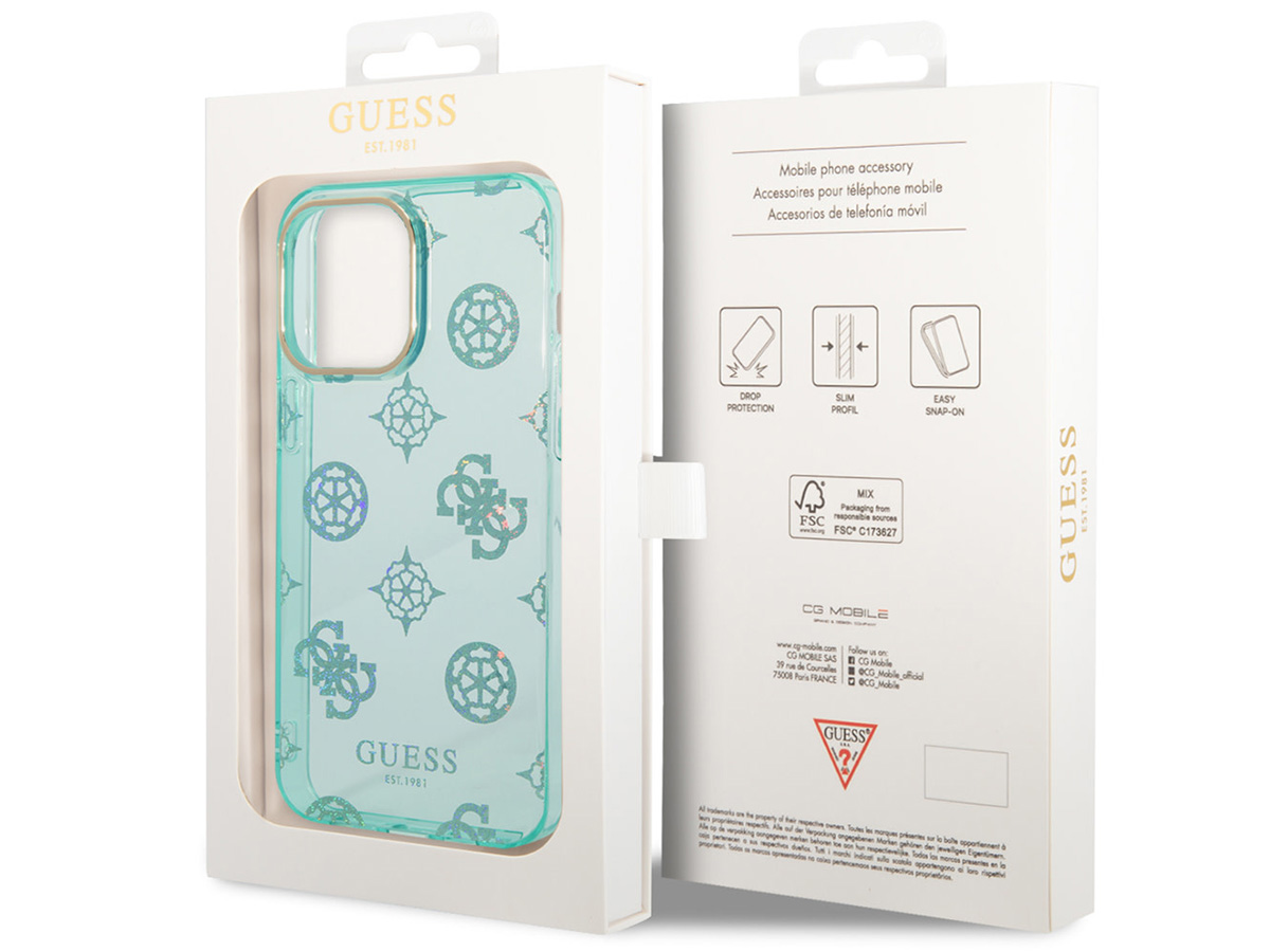 Guess Peony Glitter TPU Case Turquoise - iPhone 14 Pro Max hoesje